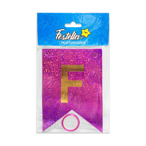BANDERIN FELIZ CUMPLEAÑOS HOLOGRAMA FUCSIA (PQTX12)