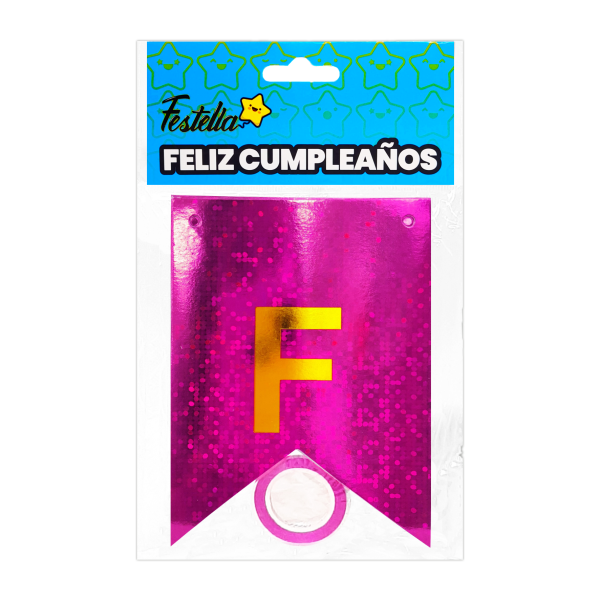 BANDERIN FELIZ CUMPLEAÑOS HOLOGRAMA FUCSIA (PQTX12)