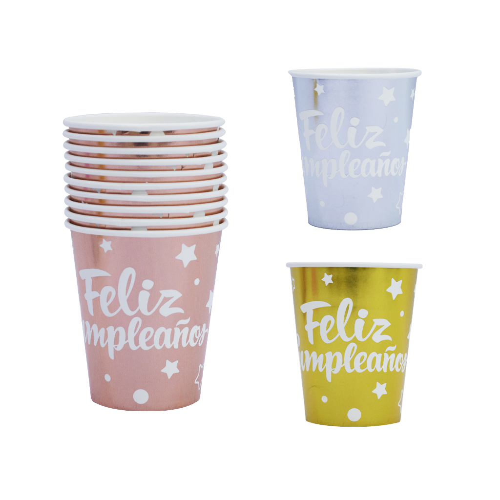 VASOS DE FIESTA X10 FELIZ CUMPLEAÑOS PLATEADO