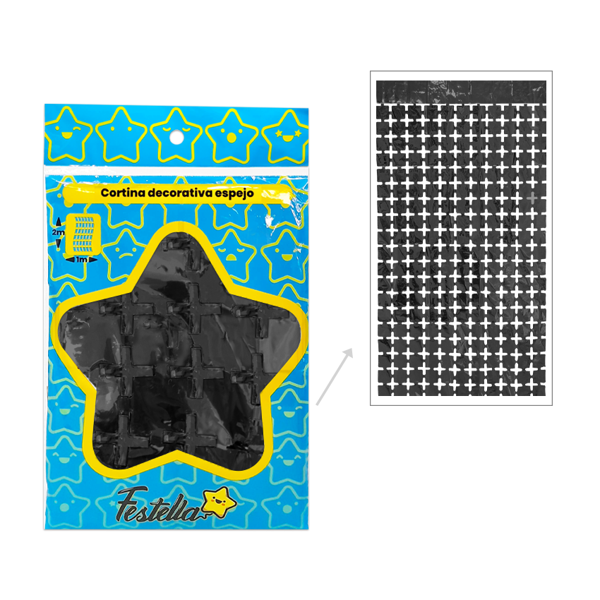 CORTINA DE FIESTA ESPEJO CUADRO PQ NEGRA 1*2M (PQTX12)