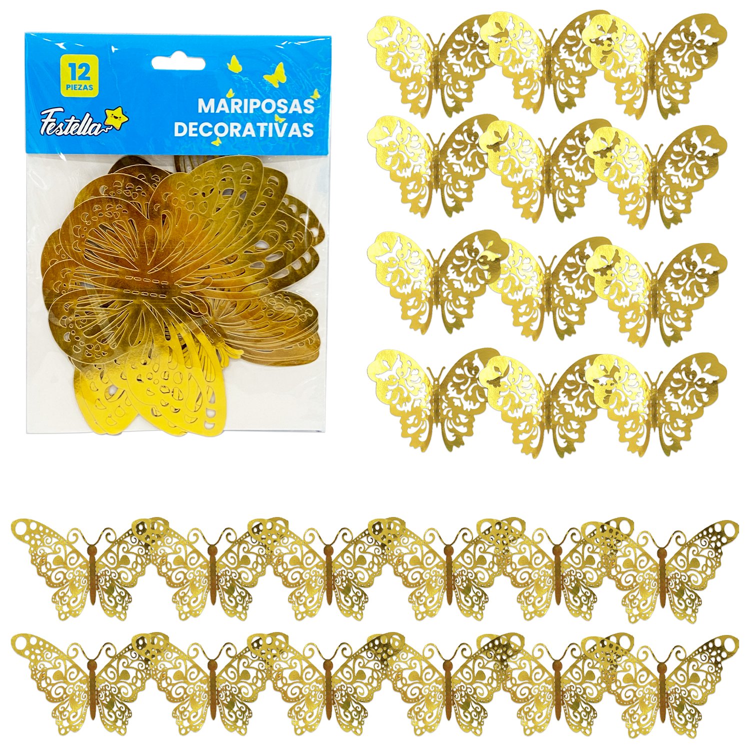 MARIPOSA DECORATIVA DORADA X12 (PQTX12XMOD)