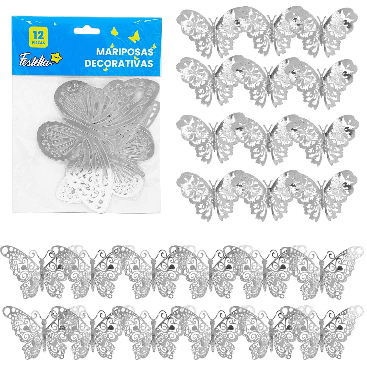 MARIPOSA DECORATIVA PLATEADA X12 (PQTX12XMOD)