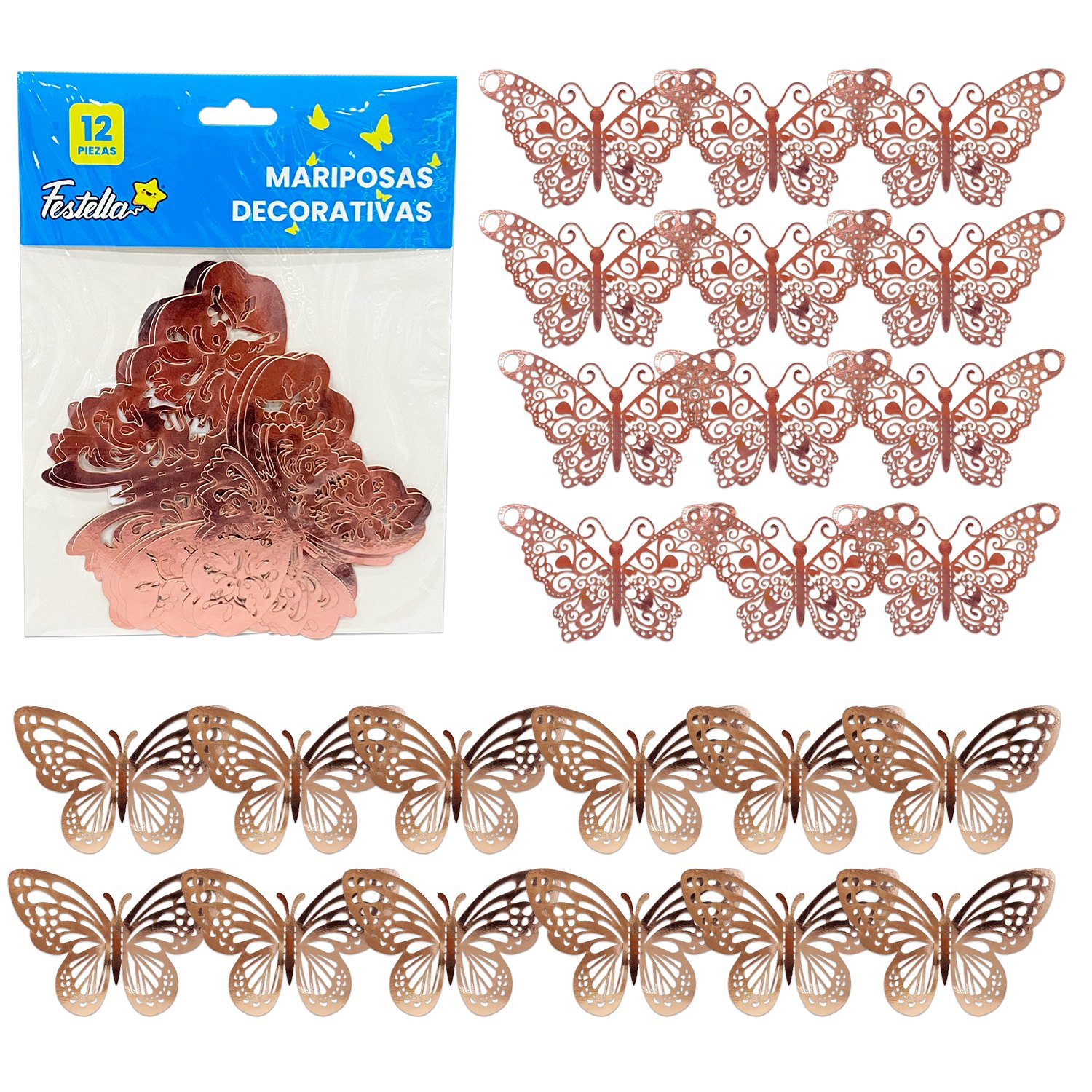 MARIPOSA DECORATIVA PALO ROSA X12 (PQTX12XMOD)